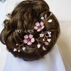 Cherry Blossom hairpins, bridal Rose Gold hair piece, Sakura hair clips, pink flower wedding hair comb, Kimono hair accessory, decorative