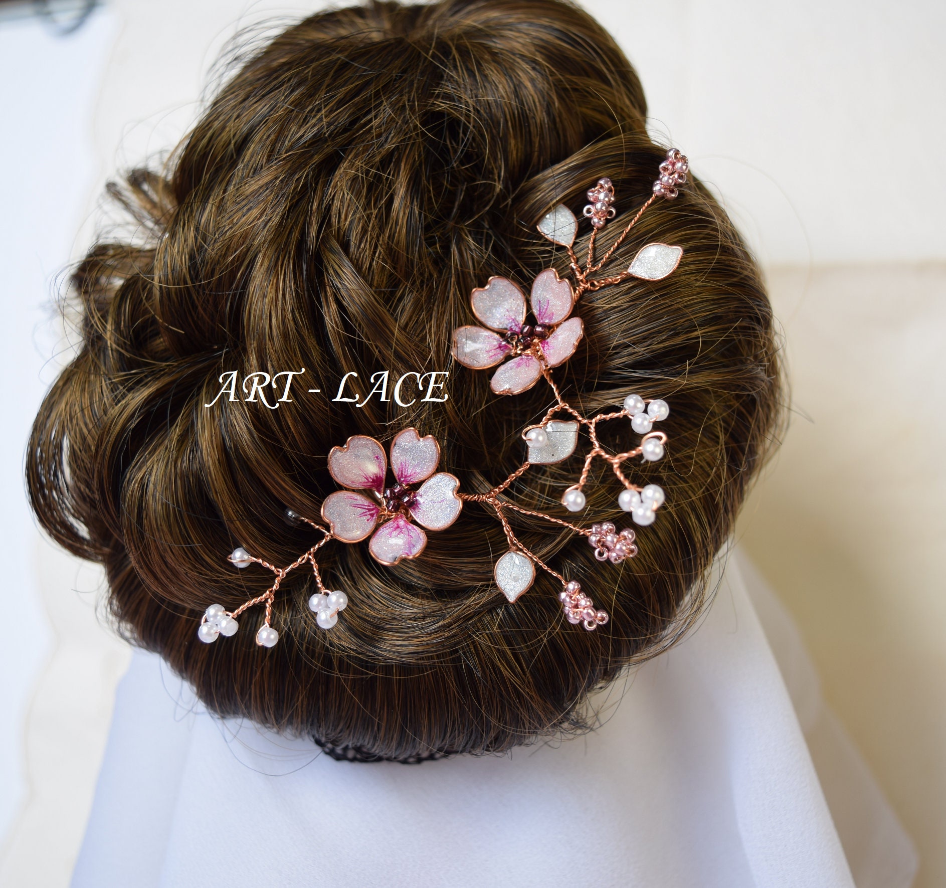 桜のヘアピン、ブライダルローズゴールドヘアピース、桜のヘアクリップ