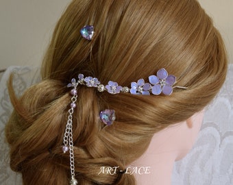Bridal Lavender hair comb, Lavender wedding hair fork dangle flower hair chain, violet Crystal hairpins small hair vine lilac hair accessory