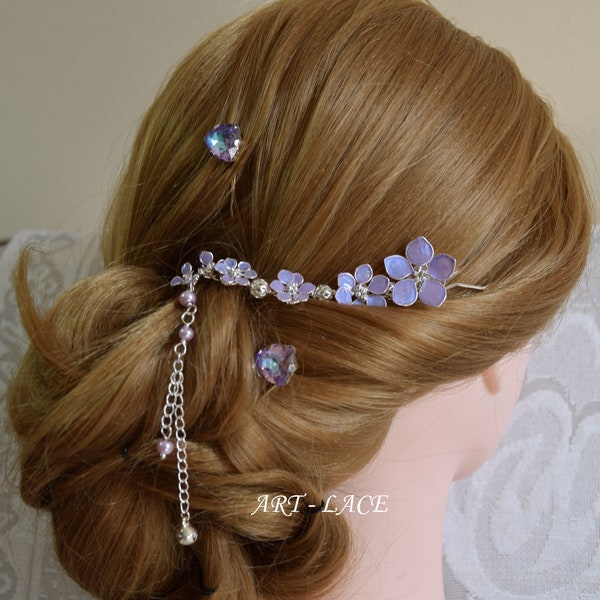 Bridal Lavender hair comb, Lavender wedding hair fork dangle flower hair chain, violet Crystal hairpins small hair vine lilac hair accessory