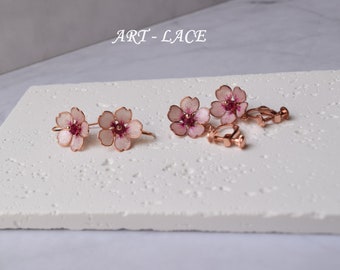 Sakura earrings, Japanese Cherry Blossom earring, Pink bridal earrings, Vanetine's Day gift, gift for Mom, Sakura Clip-on earring
