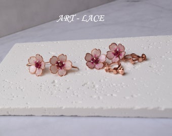 Sakura earring rose gold, Clip-On Japanese Cherry Blossom earring, Gift for Mother, Pink bridal earrings