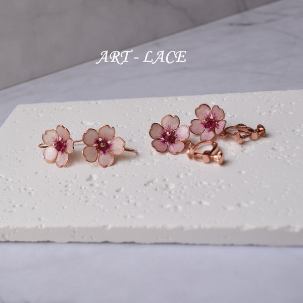 Sakura earring rose gold, Clip-On Japanese Cherry Blossom earring, Gift for Mother, Pink bridal earrings