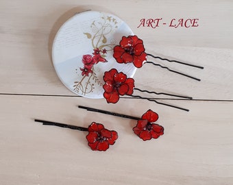 Poppy hairpin, Red flower hair forks, Christmas  gift for girls Poppy flower bobby pins, Birthday gift for girls red and black