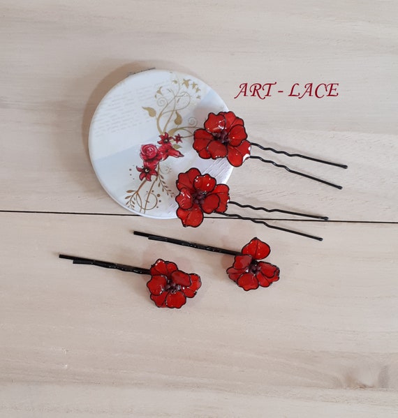 Poppy Hairpin, Red Flower Hair Forks, Summer Gift for Girls  display picture 2