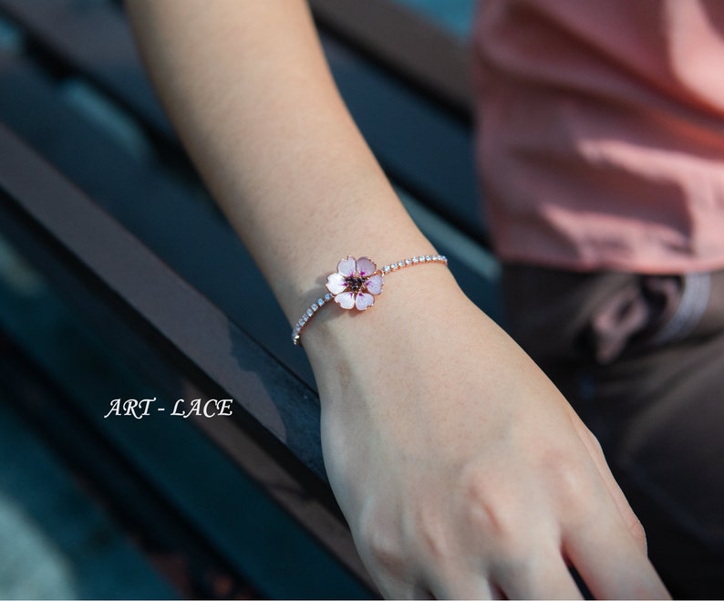 Rose gold Sakura bracelet, gift for women, Japanese cherry blossom crystal chain bracelet, pink bracelet, handmade jewellery image 1