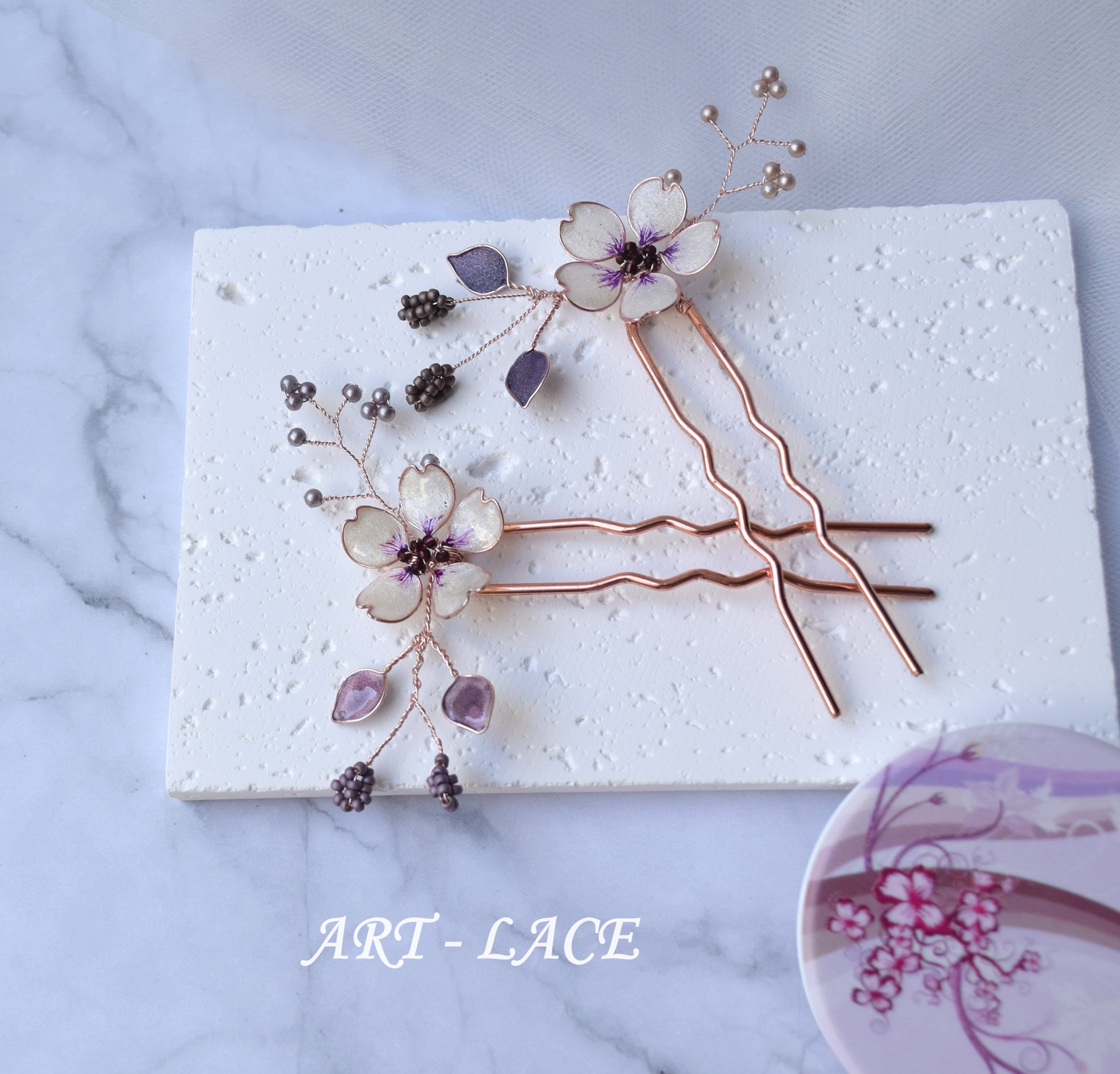 Lavender Bridal Hair Piece, Violet Sakura Hairpins Rose Gold
