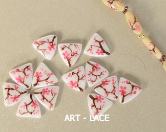 Sakura beads Cherry Blossom Glass beads for summer, Spring jewellery beads Triangle beads, Hand-painted unique art deco Japanese focal beads