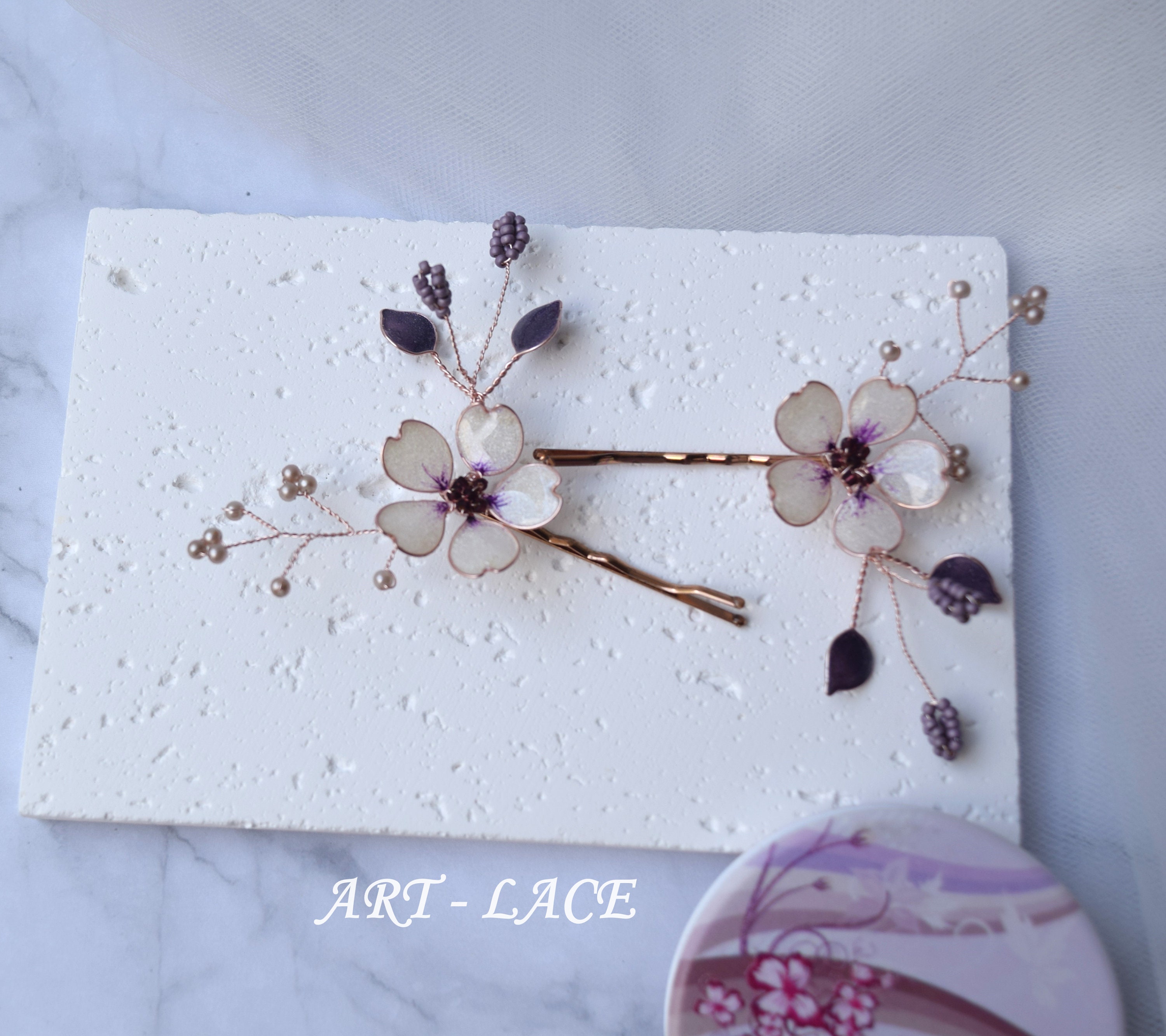 Lavender Sakura Hairpins, Rose Gold Bridal Hair Clip, Resin