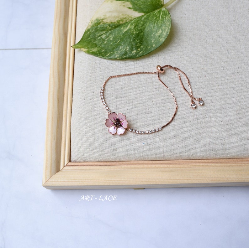 Rose gold Sakura bracelet, gift for women, Japanese cherry blossom crystal chain bracelet, pink bracelet, handmade jewellery image 2