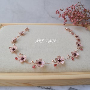 Sakura Rose gold hair vine, Cherry blossom hair wrap, Pink flower hair vine, bridal hair flowers Hair garland, wedding hairpiece Japanese