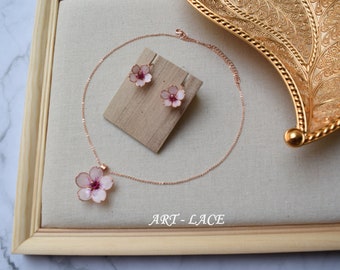 Rose Gold Sakura Necklace Earrings Set, pink Floral Jewelry, minimalist, bridal jewelry set