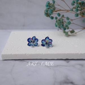 Orchid earring, Teal-Blue Orchid stud earring, Peach Orchid stud tiny, handmade earrings, hand-painted Hawaiian studs, Flower girl earrings image 3