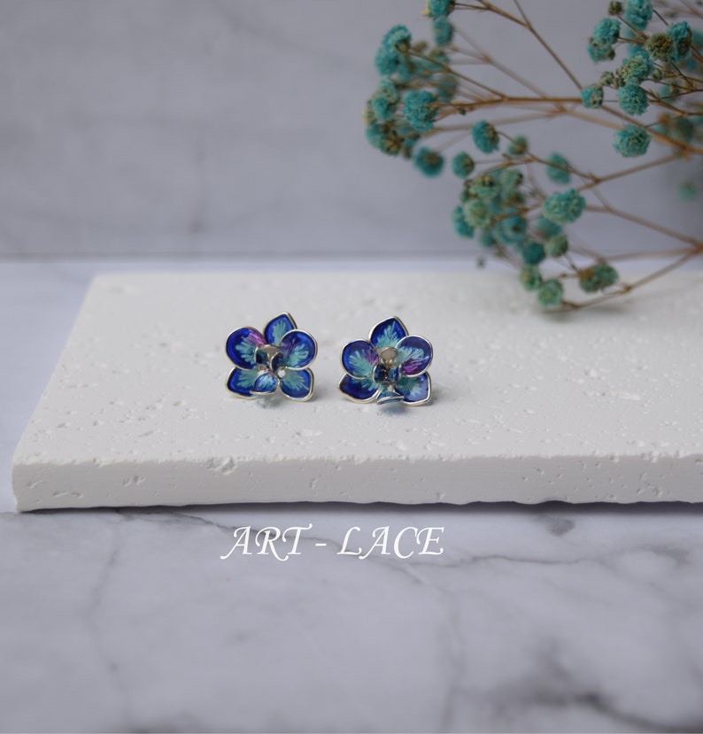 Orchid earring, Teal-Blue Orchid stud earring, Peach Orchid stud tiny, handmade earrings, hand-painted Hawaiian studs, Flower girl earrings image 3