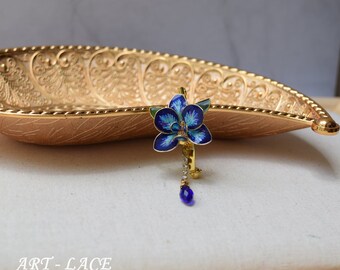 Handmade Orchid Brooch Pin, Blue-Teal Flower Lapel Pin, White-purple Orchid brooch, Men's boutonniere, Groom's coat pin