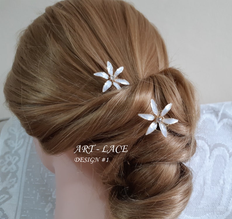 Jasmine flower hair pin spiral swirls twists, Bridal flower hair clip gold white, Bridesmaid hair flowers Flower girl hair clips art deco image 1
