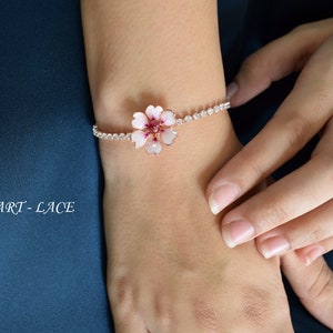 Rose gold Sakura bracelet, gift for women, Japanese cherry blossom crystal chain bracelet, pink bracelet, handmade jewellery Crystal chain