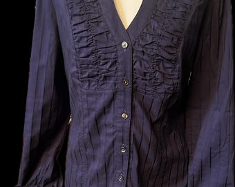 Y2K EXPRESS Old Money Classy Blue-Violet Button Down ruffled front V-neck Pinstripe Blouse Vintage Boss Lady Sz Medium trending