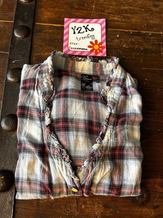 Y2K Guess L.A. Plaid Snap Button Front w/ruffled … - image 2