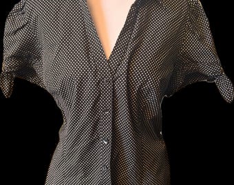 Y2K EXPRESS Old Money Classy Black & White Polka Dot Button Down Top Puff Sleeve Vintage Size Large trending