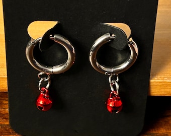 Silver Huggie Jingle Bell Earrings w/a cute little RED bell on each earring.  Simple , Festive, Holidays. Hypo allergenic. Hoops.