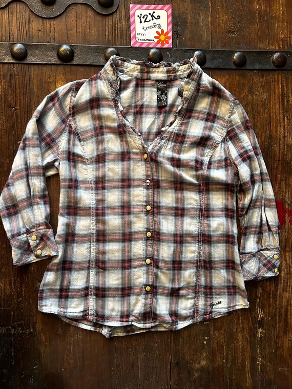 Y2K Guess L.A. Plaid Snap Button Front w/ruffled … - image 6