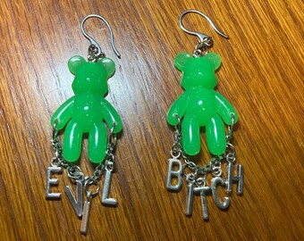 Evil B*tch Glitter Green Bear Earrings