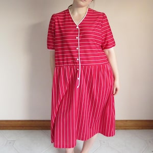70s Red Stripe Dress Oversized / Baggy Loose Comfy Dresses Sleeves / Minimal Casual Button Up