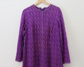 70s Electric Purple Dress Winter Long Sleeve Shift  / Loose Swing Dresses Long Sleeve