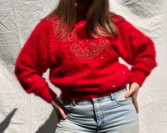 Années 80 Angora Fluffy Red Jumper Pom Pom Sparkle Rainbow Strass Medium Ladies Loose Baggy Maximalist