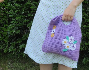 80s Crafty Crochet Handbag / Purple Handmade Vintage Quirky Cottage / Lilac Kitsch Floral Clutch Bag / Knitted Unique One Off