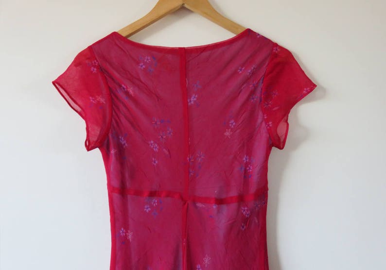 90s Hot Pink Floral Dress Chiffon Floaty Dresses Short Sleeve Crinkle Fabric Midi V Neck Sheer Size 12 Large Party Feminine Girly