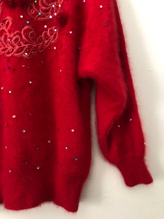 80s Angora Fluffy Red Jumper Pom Pom Sparkle Rain… - image 7