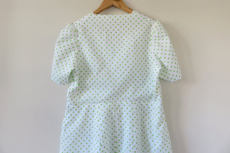 80s Lime Green Polka Dot Dress Short Sleeve A Line Lace Trim Spots Dots Print Retro Feminine Unique Handmade Large 14
