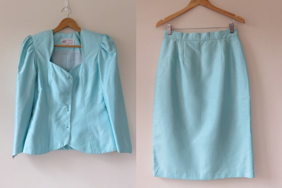 80s Sky Blue Jewel Skirt Suit Set / Puff Sleeve Bu