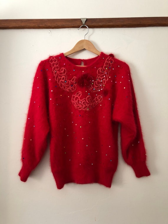 80s Angora Fluffy Red Jumper Pom Pom Sparkle Rain… - image 2