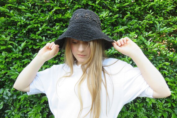 90s Black Straw Hat Bucket Hats Woven Raffia Casual Floral Etsy
