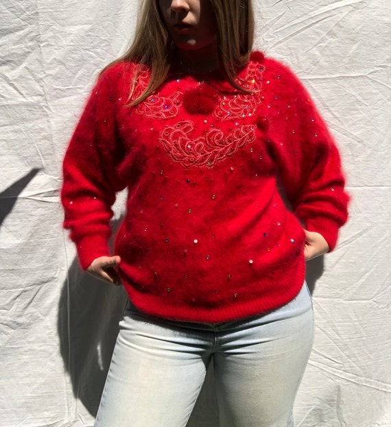 80s Angora Fluffy Red Jumper Pom Pom Sparkle Rain… - image 8