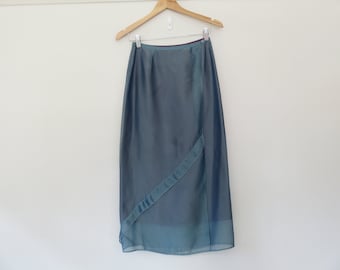 90s Dusty Blue Wrap Skirt / Cue Sheer Organza Overlay Asymmetrical Skirts / Midi High Waist Straight Minimal Dressy Formal