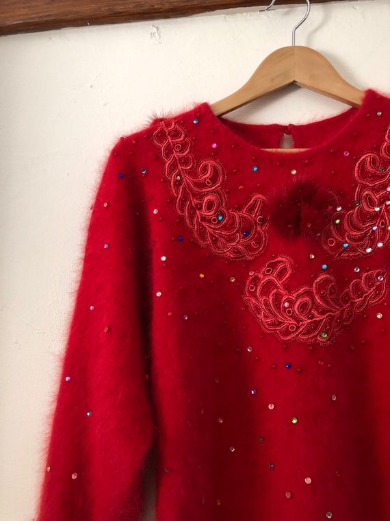 80s Angora Fluffy Red Jumper Pom Pom Sparkle Rain… - image 9