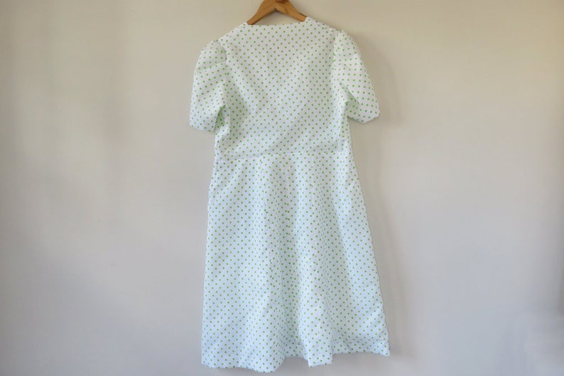 80s Lime Green Polka Dot Dress Short Sleeve A Line Lace Trim Spots Dots Print Retro Feminine Unique Handmade Large 14