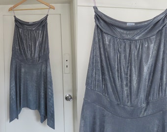 90s Strapless Dress Liquid Silver Slinky  / Stretch Boob Tube Metallic Asymmetrical Hem Dresses Party Clubbing