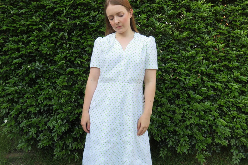 80s Lime Green Polka Dot Dress Short Sleeve A Line Lace Trim Spots Dots Print Retro Feminine Unique Handmade Large 14
