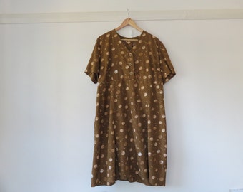 80s Polka Dot Brown Dress Oversized  / A Line Short Sleeve Casual Day Dresses size large extra large 14 16