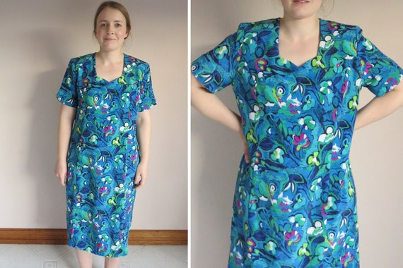 80s Painterly Floral Dress / Bright Colourful Blue