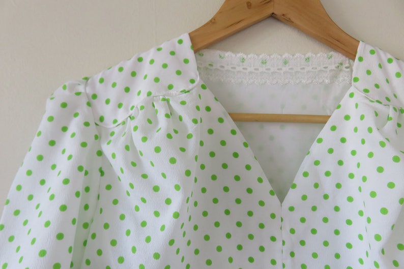 80s Lime Green Polka Dot Dress Short Sleeve A Line Lace Trim Spots Dots Print Retro Feminine Unique Handmade Large 14