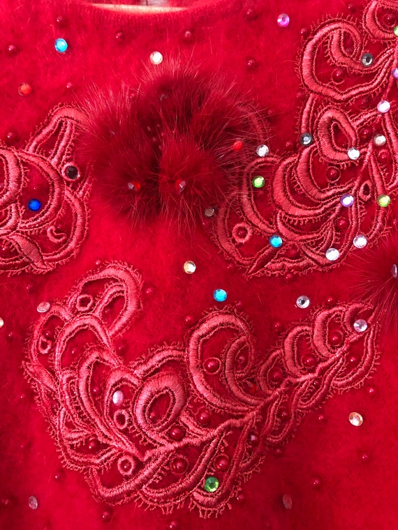 80s Angora Fluffy Red Jumper Pom Pom Sparkle Rain… - image 5