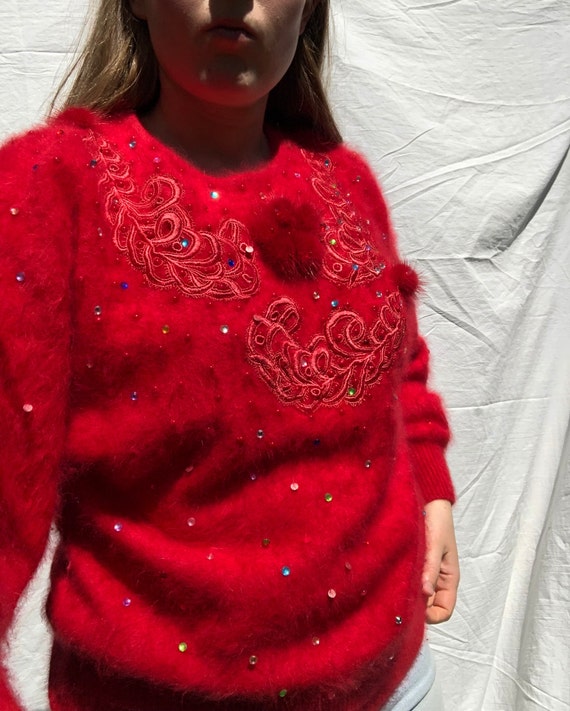 80s Angora Fluffy Red Jumper Pom Pom Sparkle Rain… - image 6