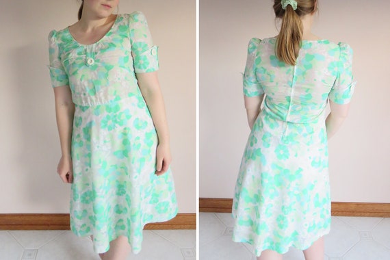 70s Cotton Floral Puff Sleeve Dress / Acid Green F
