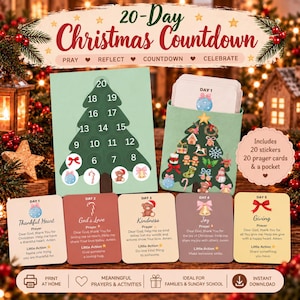 May include: A 20-Day Christmas Countdown set featuring a green tree-shaped sticker chart, a matching pocket for cards, and 20 individual prayer cards. Each card includes a daily theme, a short prayer, and a little action task for children.